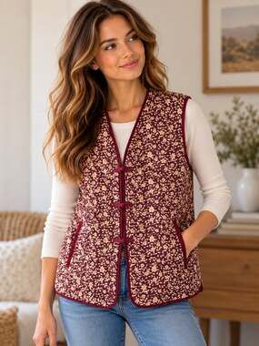 Vtg Deluxe 100% Silk Quilted Vest Womens L Burgundy Chinese Frog Closure Boho